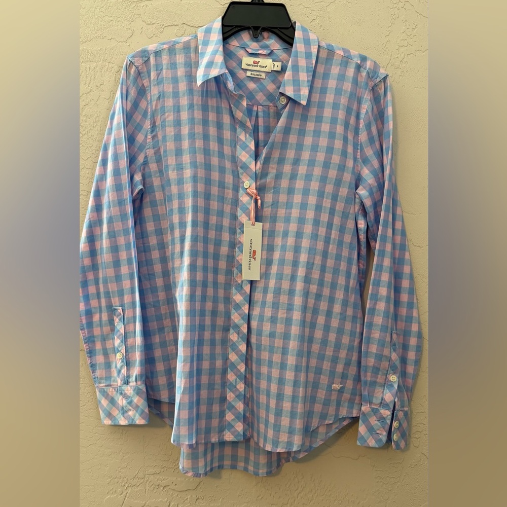 NWT Vineyard Vines Women's Casual Blue and Pink Plaid Shirt, Sz 4